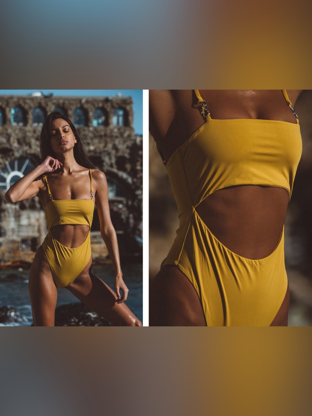 NWT Slate Swim Womens Mustard Yellow Cutout One Piece Swimsuit | Size Medium